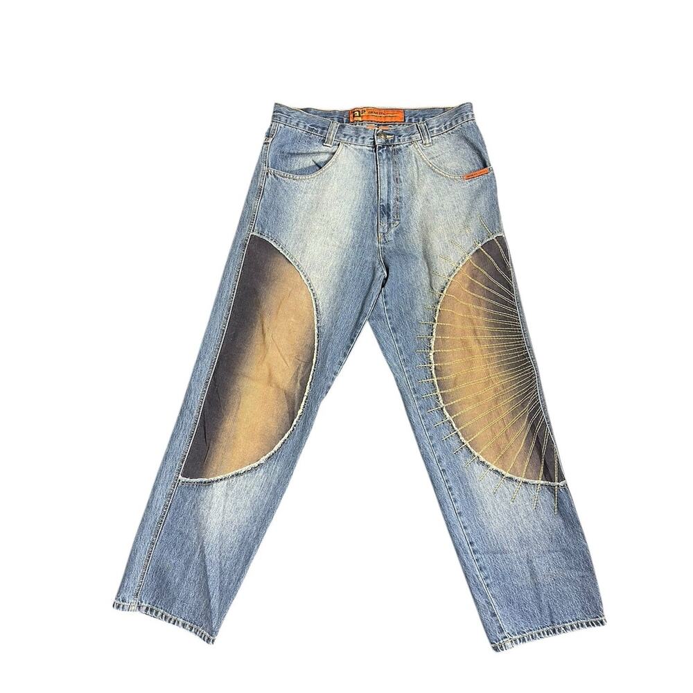 Vtg Y2K Genetix G2 Genes 34x33 Blue Japanese Baggy Hip-Hop Embroidered Jeans EUC